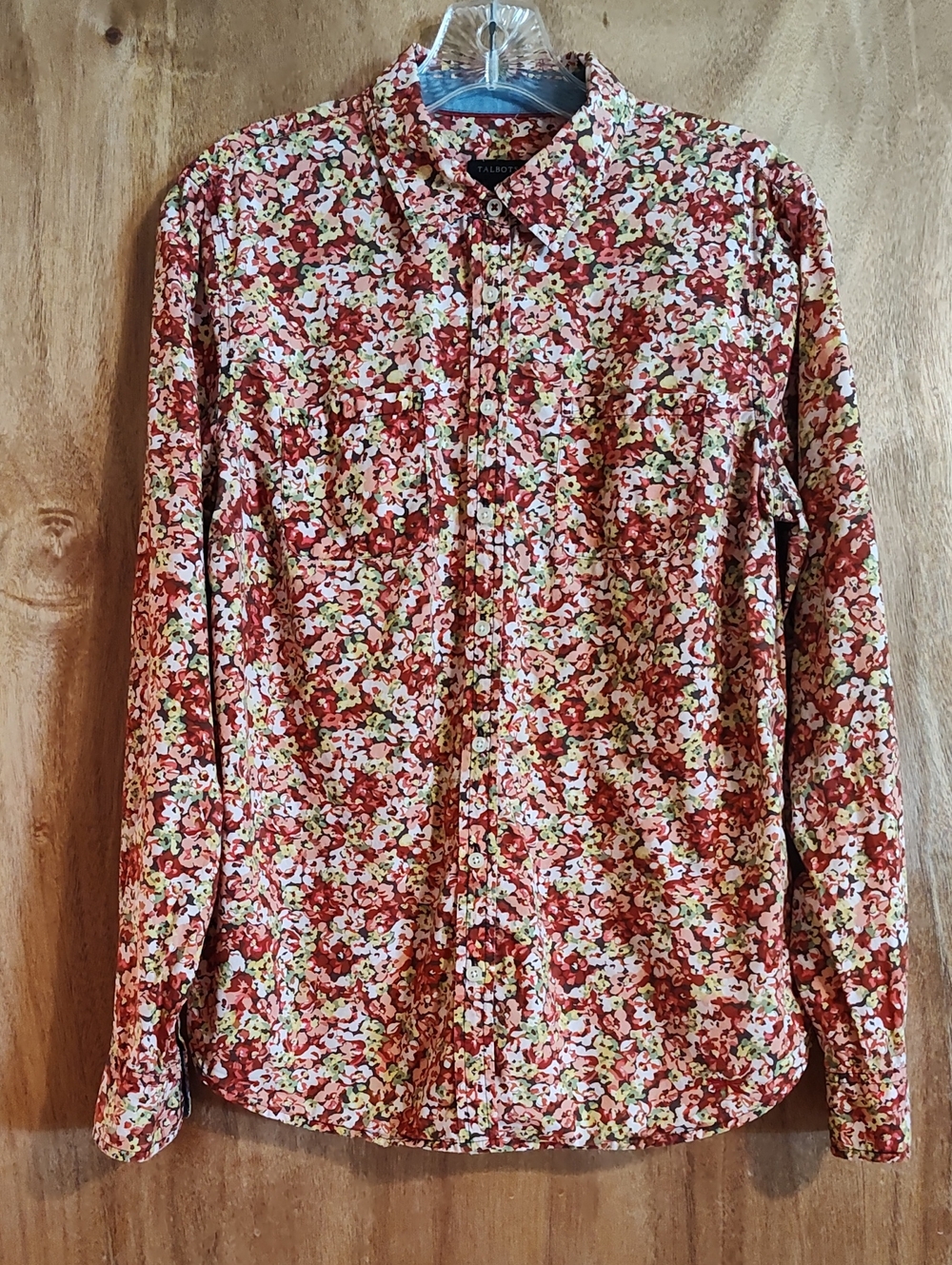 Talbots Womens Floral Button-Up Blouse Red Pink Convertible Sleeves Cotton 10